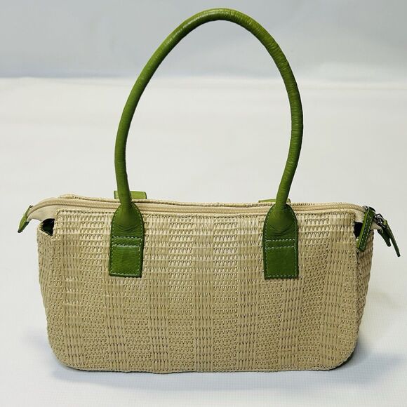 Kate Landry Natural Straw Green Soft Leather Tote Bag W Double Front Pockets - Picture 2 of 10